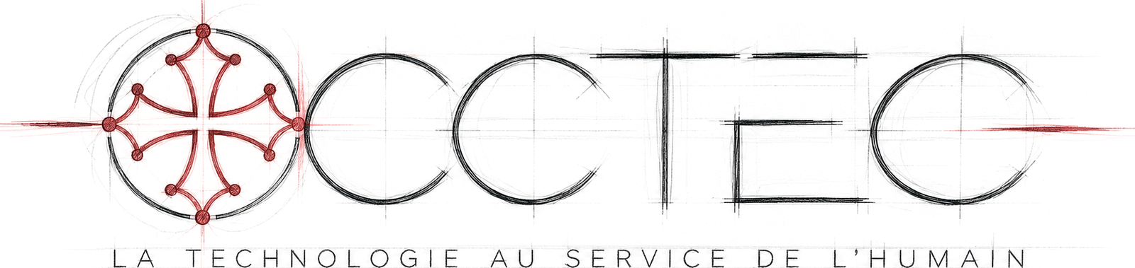 OCCTEC, la technologie au service de l'humain. Logo dessiné au crayon : croix occitane rouge dans le premier O.